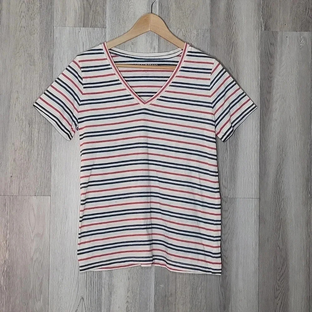 Lucky Brand White Red Blue Stripe Short Sleeve V Neck Casual Tee Womens‎ Med